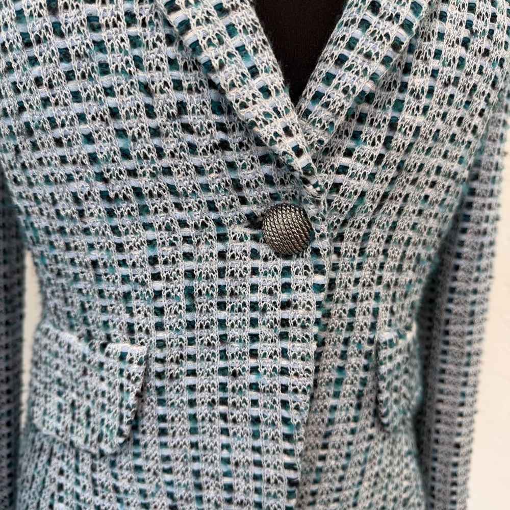 St. John Light Blue Wool Blend Tweed One Button Blazer Jacket Size 4 - Picture 4 of 12